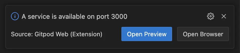 Gitpod dialog to open the example in a browser tab